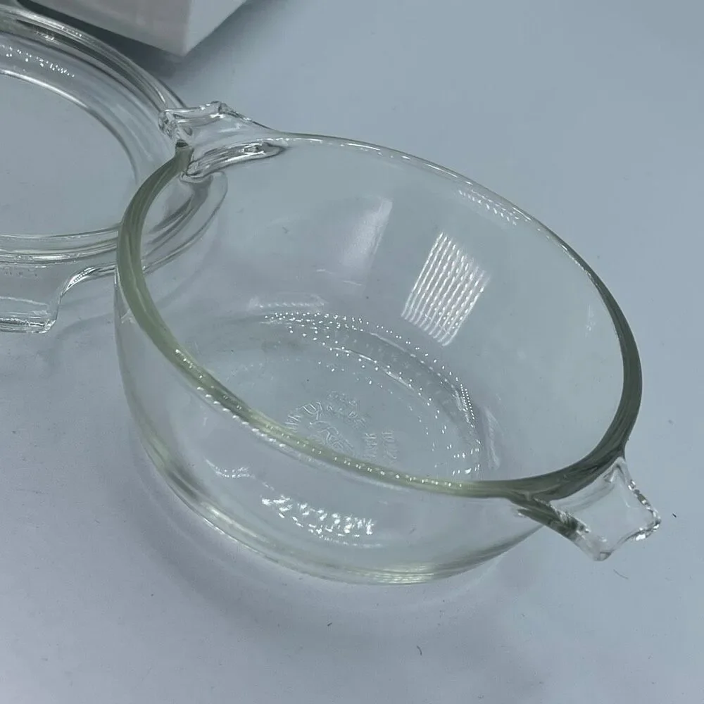 Vintage Pyrex #018 clear glass mini 10oz casserole dish. Two pieces